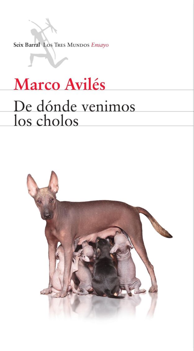 Portada del libro De dónde venimos los cholos, que muestra a una perra peruana sin pelo alimentando a sus crías.